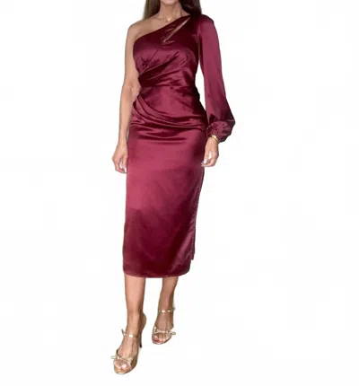 Maniju Marlene Satin One Shoulder Long Sleeve Midi Dress In Wine In Burgundy