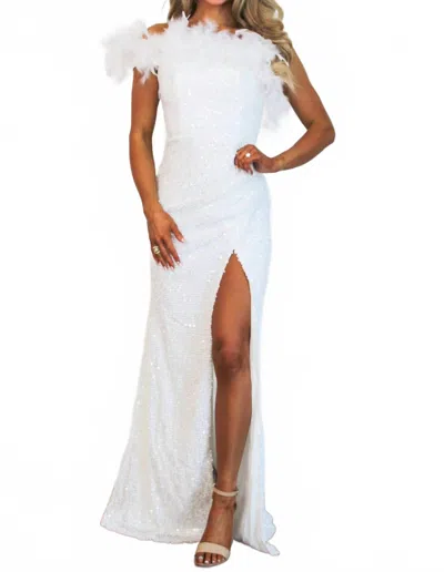 Maniju Midnights Sequin One Shoulder Feather Maxi Dress In White