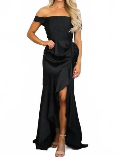 Maniju Renna Off Shoulder Satin Ruffle Maxi Dress In Black