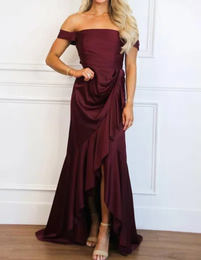 Maniju Renna Off Shoulder Satin Ruffle Maxi Dress In Wine In Multi