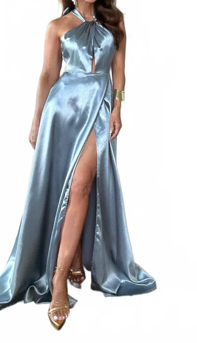 Maniju Shawna Silk Halter Maxi Dress With Slit In Steel Blue