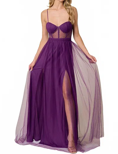 Maniju Sheer Embellished Tulle Two Slits Prom Dress In Eggplant In Purple