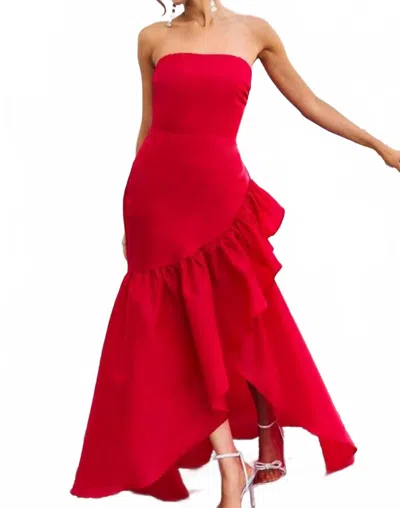 Maniju Strapless Asymmetrical Ruffle Gown In Red