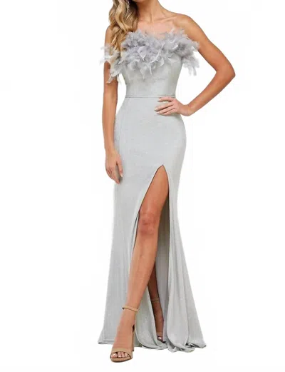 Maniju Strapless Feather Gown In Sage In Silver