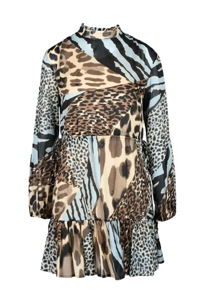 Manila Grace Gauzed Dress - Brown/light Blue In Multi