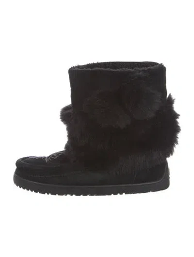 Pre-owned Manitobah Mukluk Suede Beaded Accents Boots In Black