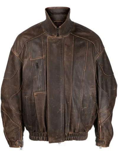 Manokhi High-neck Leather Jacket In Brown
