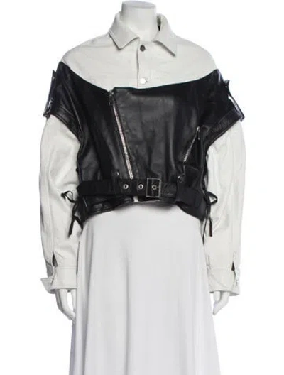 Pre-owned Manokhi Leather Colorblock Pattern Biker Jacket In Black
