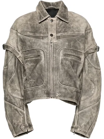 Manokhi Leya Leather Biker Jacket In Grey