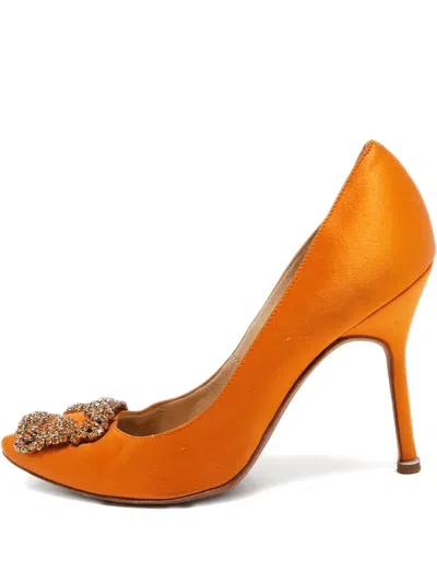 Pre-owned Manolo Blahnik 100mm  Hangisi Pumps In Orange