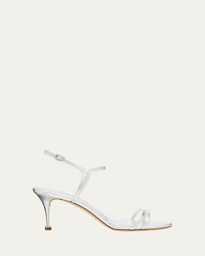 Manolo Blahnik 105mm Ciagalo Metallic Leather Sandals In Silver