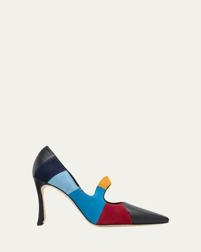 Manolo Blahnik 105mm Difusa Colorblock Mixed Leather Pumps In Black