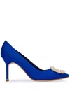 Manolo Blahnik Satin Hangisi 105 Pumps With Jewel Embellishment In Blue