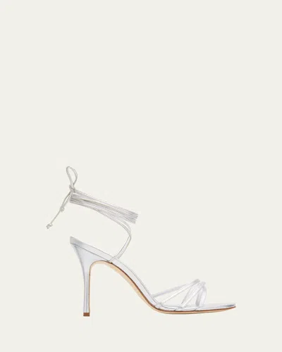 Manolo Blahnik 105mm Leva Metallic Leather Ankle-tie Sandals In Silver