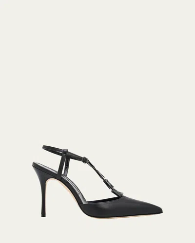 Manolo Blahnik 105mm Maurata Leather Bow T-strap Pumps In Black