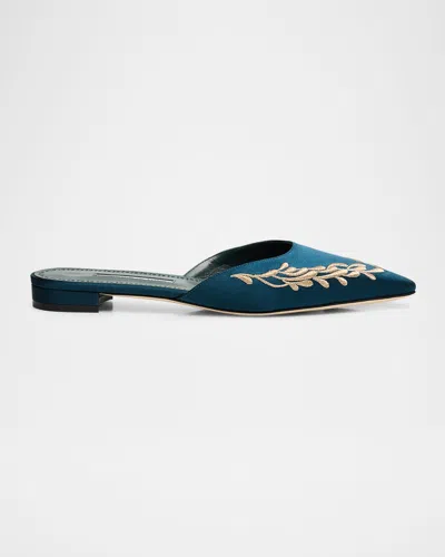 Manolo Blahnik 10mm Fontaza Embroidered Satin Flat Mules In Blue