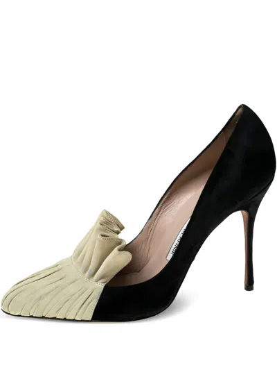 Pre-owned Manolo Blahnik 110mm Arleti Suede Frill Pumps In Black