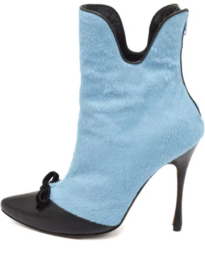 Pre-owned Manolo Blahnik 110mm Bow Ankle Boots In Blue