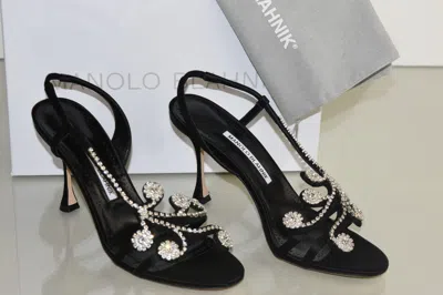 Pre-owned Manolo Blahnik $1395  Fernusan 90 Jewel Black Satin Sandals Shoes 39 40.5 41