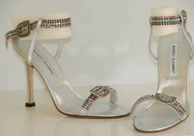 Pre-owned Manolo Blahnik $1878  Jeweled Crystals Silver Janetba Shoes 38.5 8 Wedding