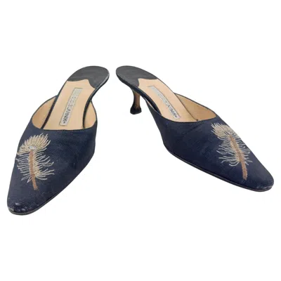 Pre-owned Manolo Blahnik 1990s  Feather Embroidered Kitten Heel Mules In Black