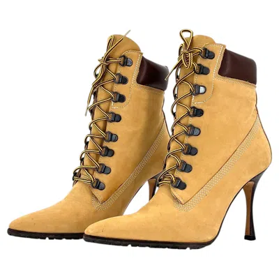 Pre-owned Manolo Blahnik 2002 Oklamod Timberland Lace Up Pointed Toe Ankle Boots 35.5 In Orange