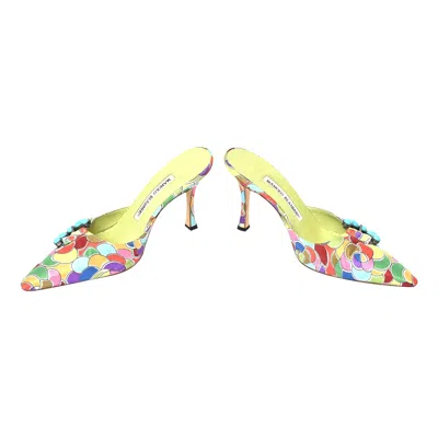 Pre-owned Manolo Blahnik 2008 Silk Printed Mules With Turquoise Rhinestones, 5.5 In Sand