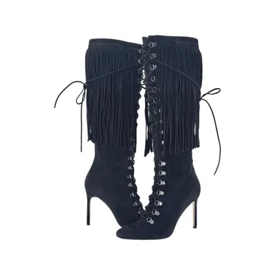 Pre-owned Manolo Blahnik 2015 Fringed Laceup Siouxi 105 Suede Knee High Heeled Boots 37.5 In Black