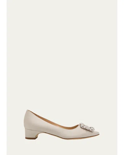 Manolo Blahnik 25mm Hangisibar Satin Crystal Buckle Pumps In Neutral