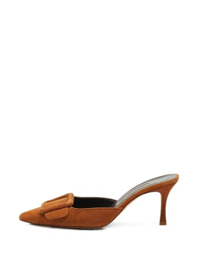 Pre-owned Manolo Blahnik 37.5 Maysale Buckle Mules In Brown