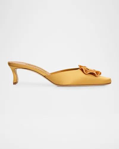 Manolo Blahnik 50mm Caulon Floral Applique Satin Mule Pumps In Animal Print