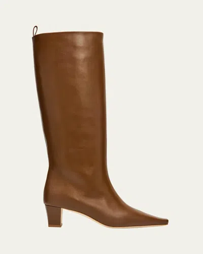 Manolo Blahnik 50mm Leather Knee-high Low-heel Boots In Brown
