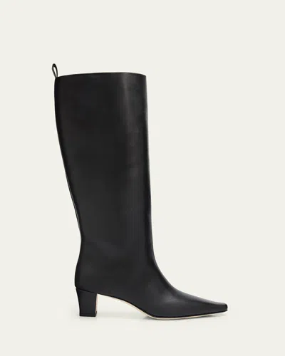 Manolo Blahnik 50mm Leather Knee-high Low-heel Boots In Black