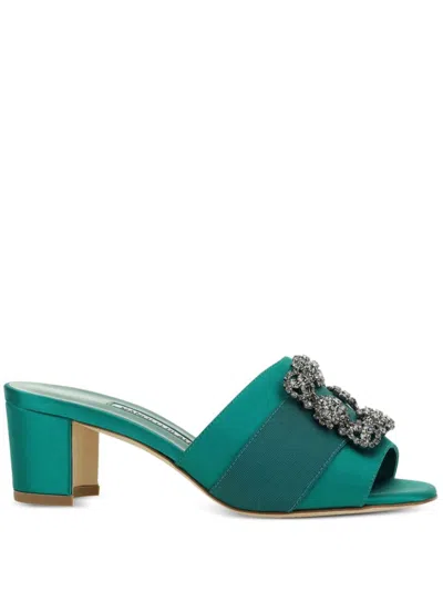 Manolo Blahnik Martanew 50 Satin Mules With Crystal Buckle In Green