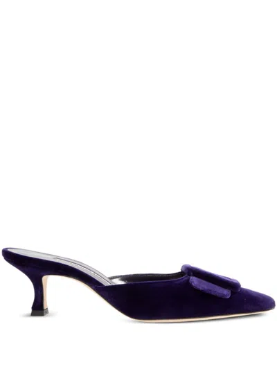 Manolo Blahnik Kitten Heel Mules In Navy Blue Suede