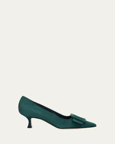 Manolo Blahnik 50mm Maysale Suede Buckle Pumps In Green
