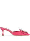 Manolo Blahnik Suede 50mm Crystal Buckle Mule Pumps In Pink