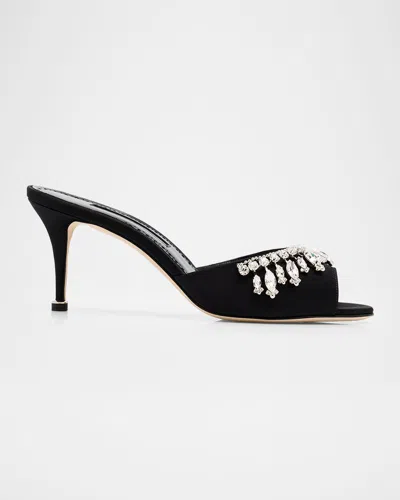Manolo Blahnik 50mm Tulimu Embellished Satin Mules In Black