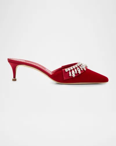 Manolo Blahnik 50mm Tulipe Embellished Velvet Mule Pumps In Red