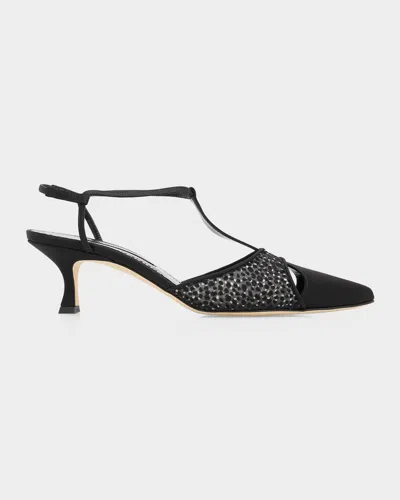 Manolo Blahnik 50mm Turgimodla Laser-cut Suede T-strap Pumps In Black