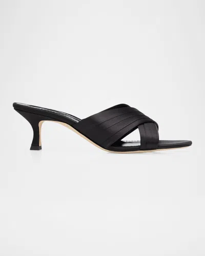Manolo Blahnik 50mm Vieramul Pleated Satin Kitten-heel Mule Sandals In Black