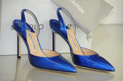 Pre-owned Manolo Blahnik $645  Carolyne Liquid Cobalt Blue Patent Bb Shoes 38 38.5 39