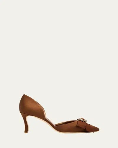 Manolo Blahnik 70mm Apidosa Embellished Satin Bow Pumps In Brown