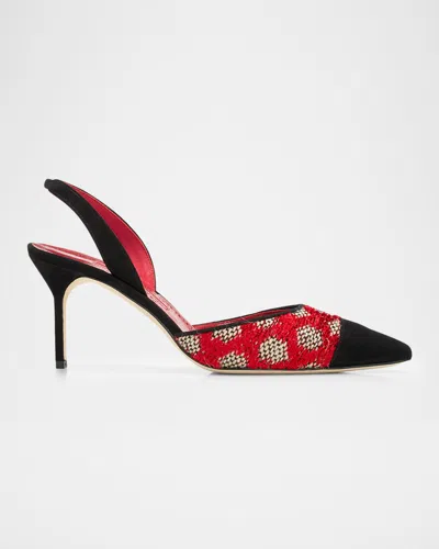 Manolo Blahnik 70mm Capsli Raffia And Suede Slingback Pumps In Red