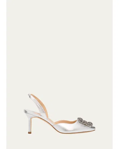 Manolo Blahnik 70mm Carolyne Metallic Leather Buckle Pumps In Silver