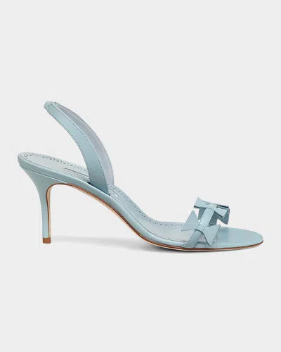 Manolo Blahnik 70mm Cigaurasli Bow Leather Sandals In Blue