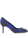 Manolo Blahnik Hangisi 70 Crystal-embellished Checked Wool Pumps In Blue