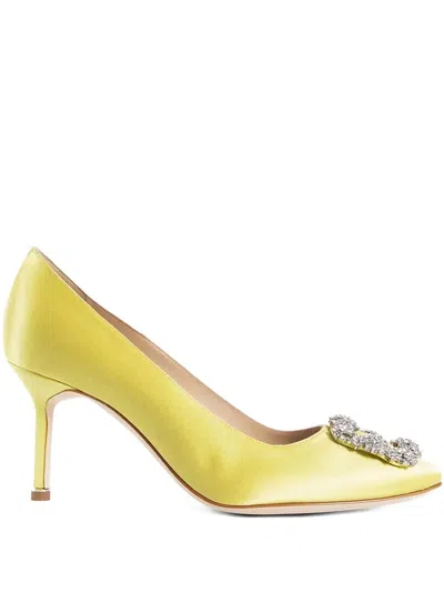 Manolo Blahnik 70mm Hangisi Crystal-buckle Satin Pumps In Yellow