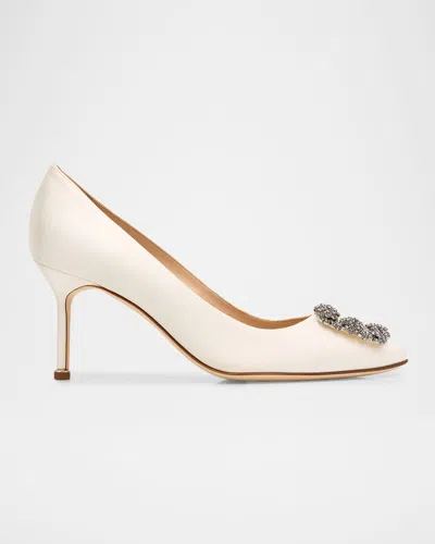 Manolo Blahnik 70mm Hangisi Satin Pumps With Crystal Buckle In White