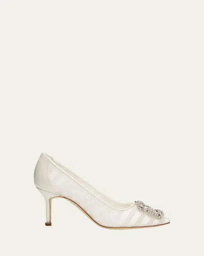 Manolo Blahnik 70mm Hangisila Organza Jewel-buckle Pumps In White
